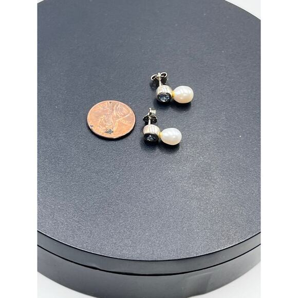 Signed Designer 925 Sterling Silver Round Blue Topaz Drop Pierced Earrings - Picture 7 of 11